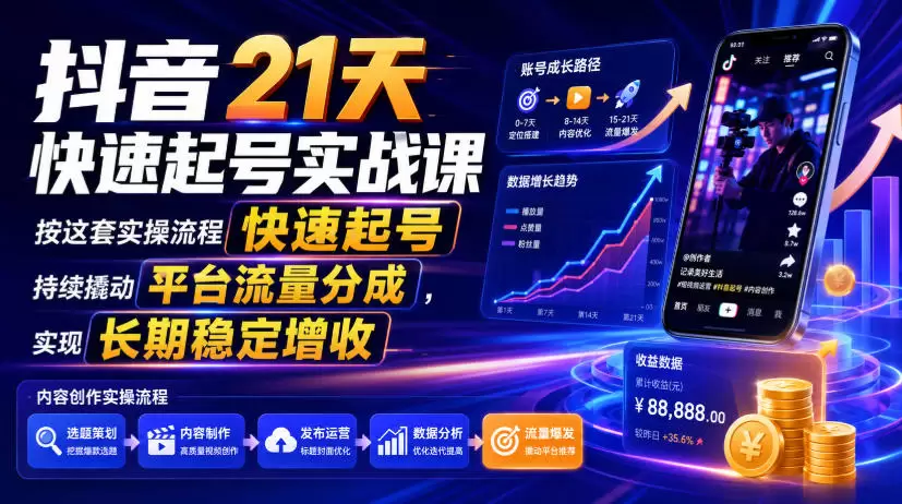 抖音21天快速起号实战课，按这套实操流程快速起号，持续撬动平台流量分成，实现长期稳定增收|青心网创站