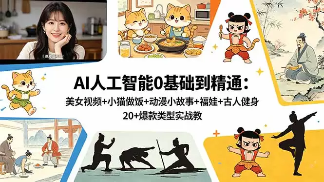 AI人工智能0基础到精通：美女视频+小猫做饭+动漫小故事+福娃+古人健身，20+爆款类型实战教学|青心网创站