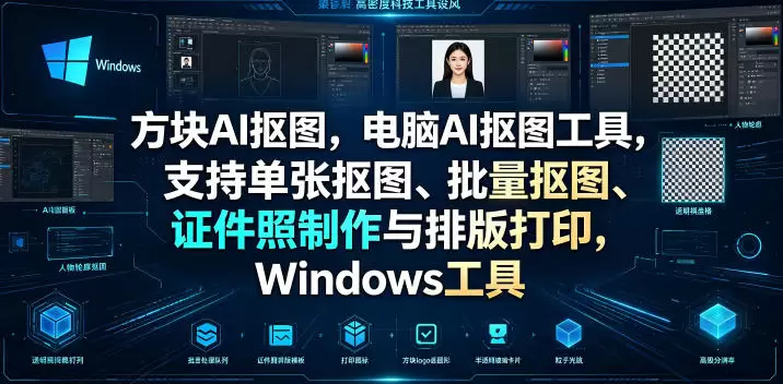 方块AI抠图，电脑AI抠图工具，支持单张抠图、批量抠图、证件照制作与排版打印，Windows工具