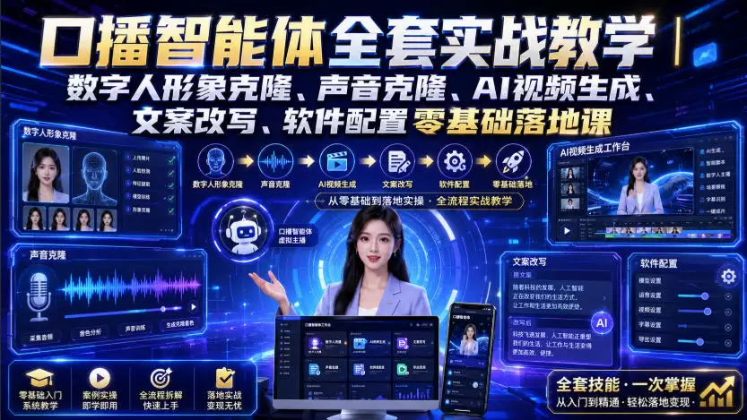 口播智能体全套实战教学｜数字人形象克隆、声音克隆、AI视频生成、文案改写、软件配置零基础落地课|青心网创站
