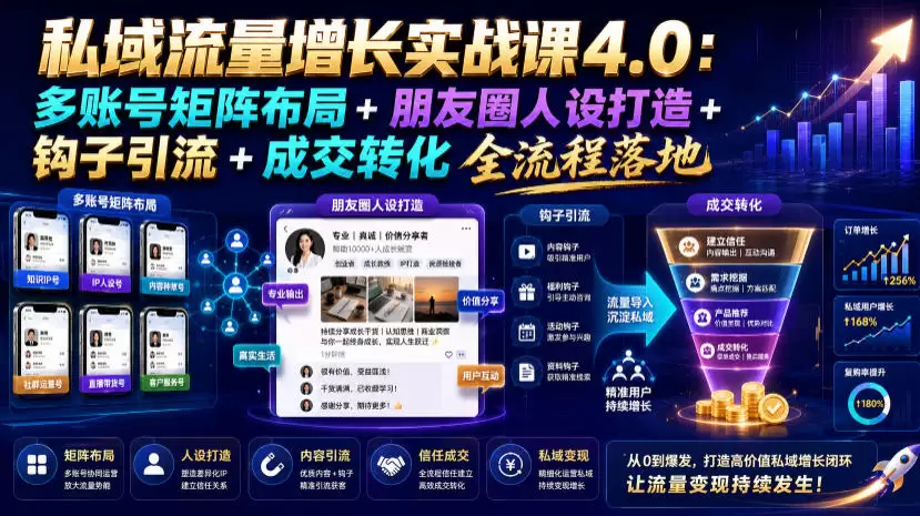 私域流量增长实战课4.0：多账号矩阵布局+朋友圈人设打造+钩子引流+成交转化全流程落地|青心网创站