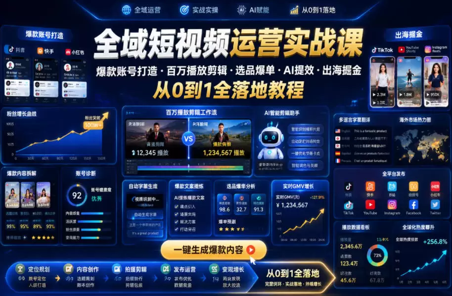 全域短视频运营实战课，爆款账号打造・百万播放剪辑・选品爆单・AI提效・出海掘金，从0到1全落地教程|青心网创站