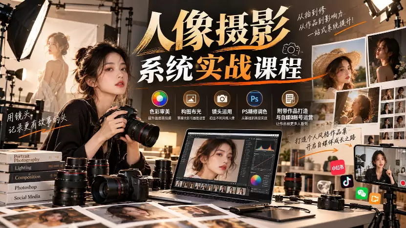 【无水印】人像摄影系统实战课程，色彩审美、构图布光、镜头运用、PS精修调色，附带作品打造与自媒体账号运营 - 青心资源站