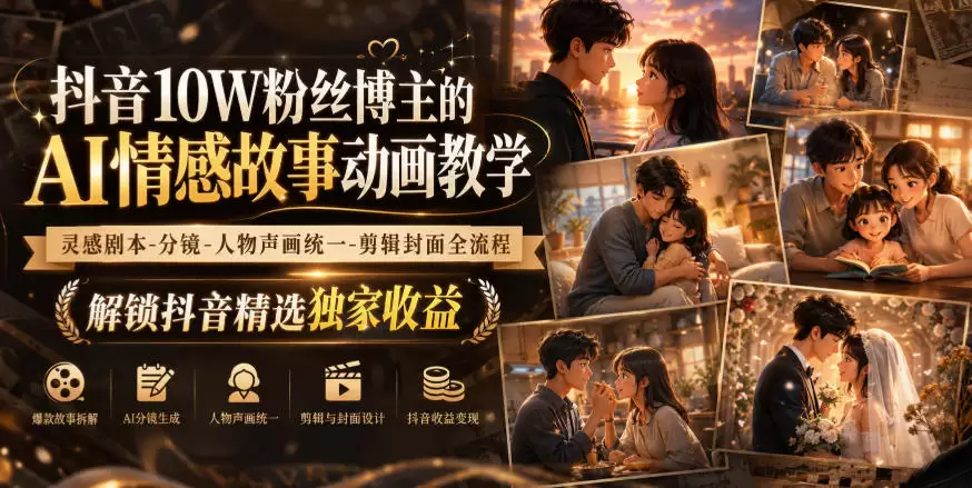 抖音10W粉丝博主的AI情感故事动画教学，灵感剧本‑分镜‑人物声画统一‑剪辑封面全流程，解锁抖音精选独家收益 - 青心资源站