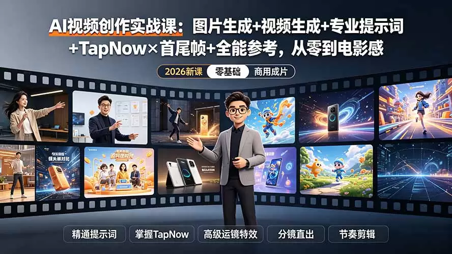 AI视频创作实战课：图片生成+视频生成+专业提示词+TapNow×首尾帧+全能参考，从零到电影感成片|青心网创站