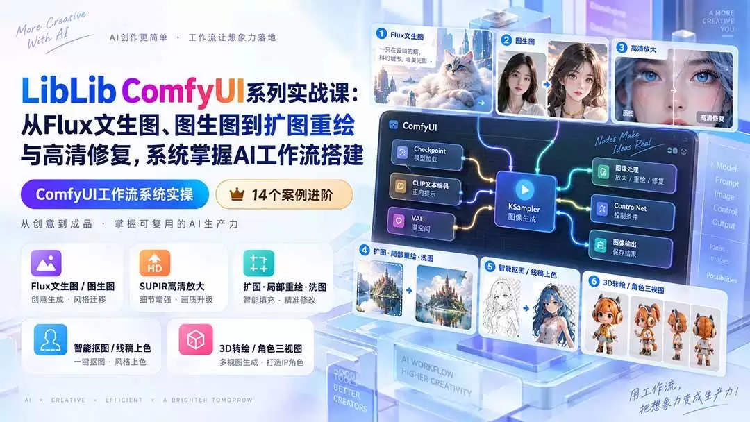 (20368期)LibLib ComfyUI系列实战课:从Flux文生图、图生图到扩图重绘与高清修复,系统掌握AI工作流搭建 (20368期)LibLib ComfyUI系列实战课:从Flux文生图、图生图到扩图重绘与高清修复,系统掌握AI工作流搭建