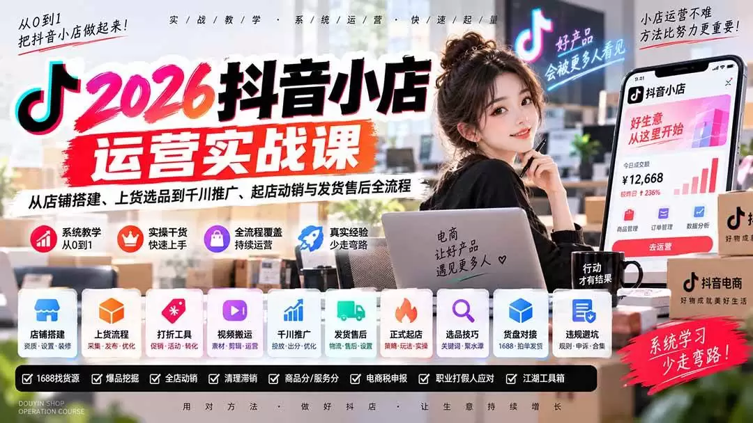 （20568期）2026抖音小店运营实战课｜从店铺搭建、上货选品到千川推广、起店动销与发货售后全流程 - 青心资源站