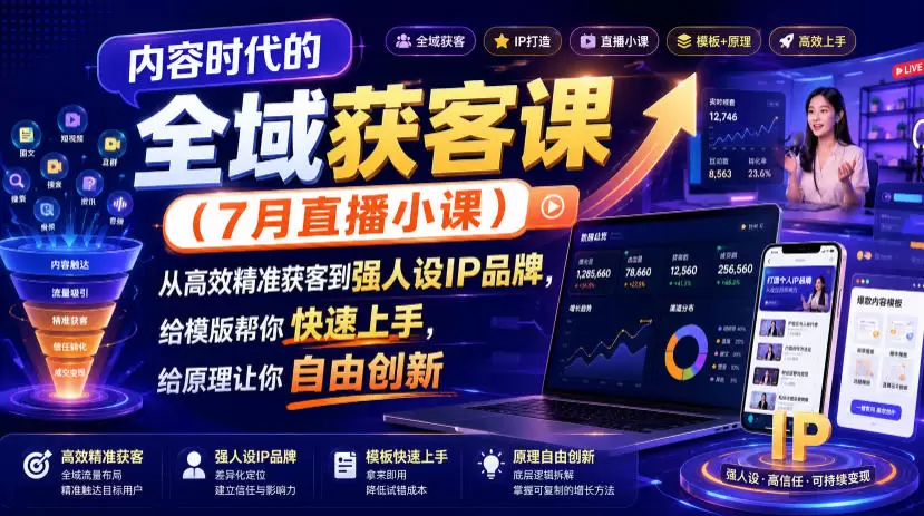 内容时代的全域获客课（7月直播小课），从高效精准获客到强人设IP品牌，给模版帮你快速上手，给原理让你自由创新|青心网创站