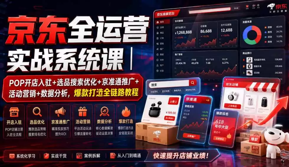 京东全运营实战系统课｜POP开店入驻+选品搜索优化+京准通推广+活动营销+数据分析，爆款打造全链路教程|青心网创站