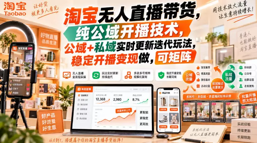 淘宝无人直播带货,纯公域开播技术,公域+私域实时更新迭代玩法,稳定开播变现做,可矩阵【揭秘】 淘宝无人直播带货,纯公域开播技术,公域+私域实时更新迭代玩法,稳定开播变现做,可矩阵【揭秘】