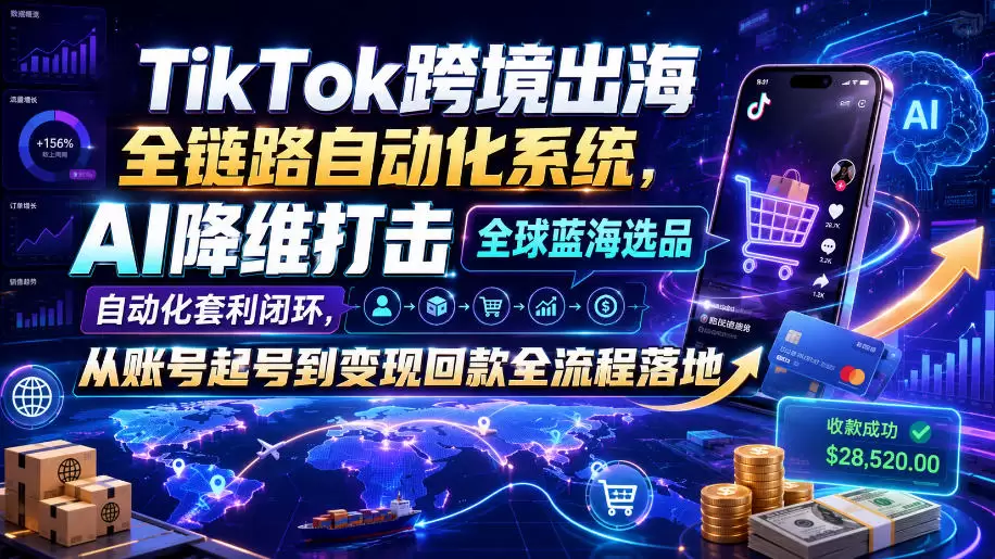TikTok跨境出海全链路自动化系统，AI降维打击全球蓝海选品自动化套利闭环，从账号起号到变现回款全流程落地（2026年7月）|青心网创站