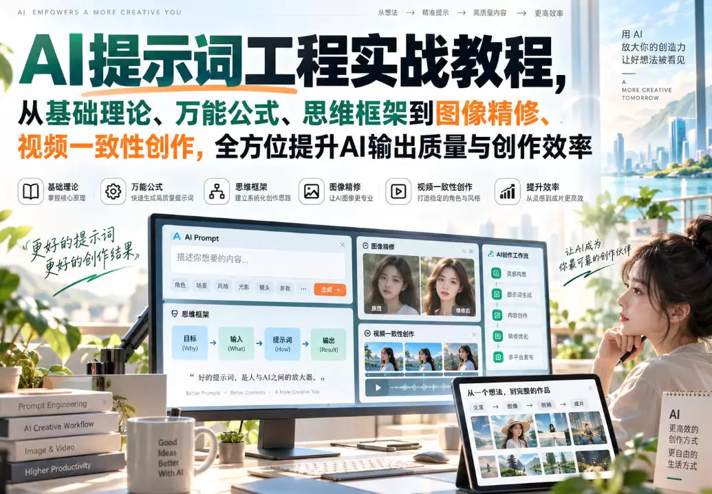 AI提示词工程实战教程,从基础理论、万能公式、思维框架到图像精修、视频一致性创作,全方位提升AI输出质量与创作效率 AI提示词工程实战教程,从基础理论、万能公式、思维框架到图像精修、视频一致性创作,全方位提升AI输出质量与创作效率