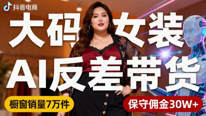抖音小众赛道，大码女装AI反差带货，不用直播，每天6条作品，橱窗卖7万件，保守佣金30W+-青心网创站