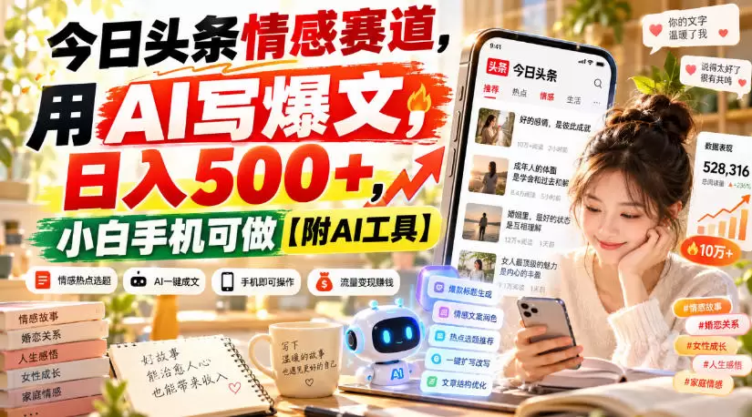 今日头条情感赛道，用AI写爆文，日入500+，小白手机可做【附AI工具】 - 青心资源站