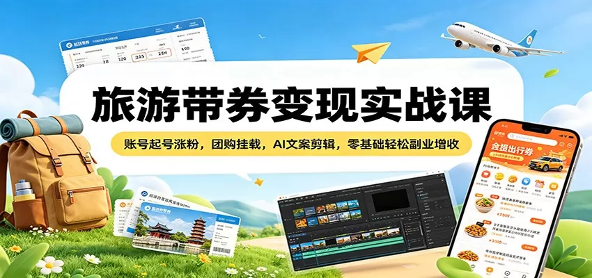 旅游带券变现实战课：账号起号涨粉，团购挂载，AI文案剪辑，零基础轻松副业增收|青心网创站