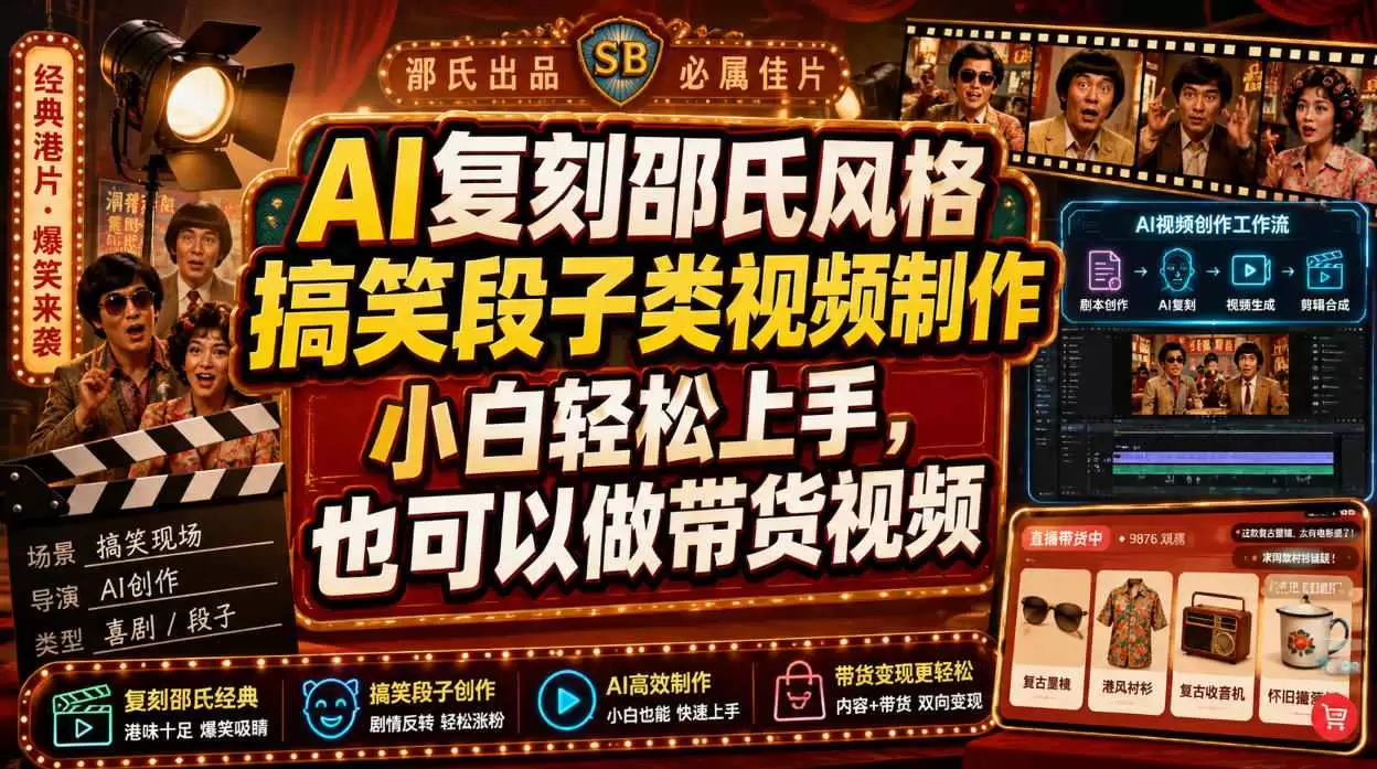 AI复刻邵氏风格搞笑段子类视频制作，小白轻松上手，也可以做带货视频|青心网创站