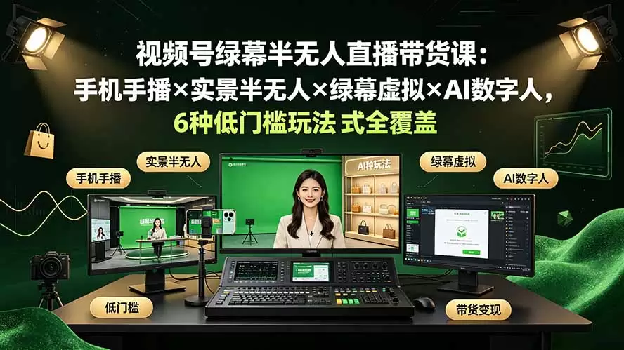 视频号绿幕半无人直播带货课：手机手播×实景半无人×绿幕虚拟×AI数字人，6种低门槛玩法全覆盖|青心网创站