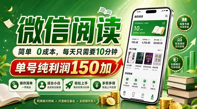 最新微信阅读，每日10分钟，单号利润150+，可批量放大操作，简单0成本|青心网创站