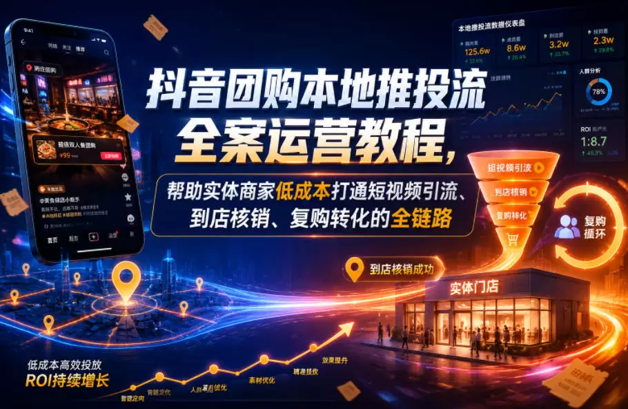 抖音团购本地推投流全案运营教程，帮助实体商家低成本打通短视频引流、到店核销、复购转化的全链路|青心网创站