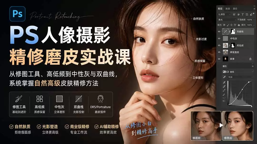 PS人像摄影精修磨皮实战课：从修图工具、高低频到中性灰与双曲线，系统掌握自然高级皮肤精修方法 - 青心资源站