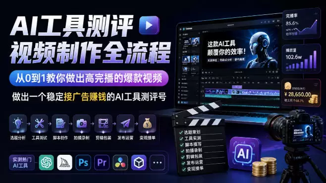 AI工具测评视频制作全流程,从0到1教你做出高完播的爆款视频,做出一个稳定接广告賺钱的AI工具测评号 AI工具测评视频制作全流程,从0到1教你做出高完播的爆款视频,做出一个稳定接广告賺钱的AI工具测评号