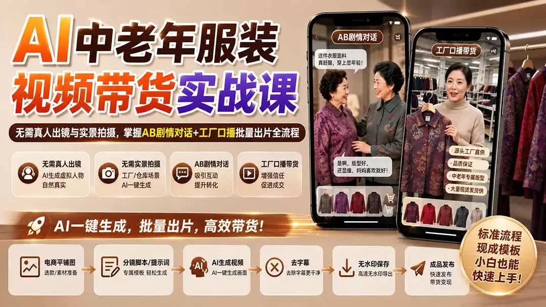 （20198期）AI中老年服装视频带货实战课：无需真人出镜与实景拍摄，掌握AB剧情对话+工厂口播批量出片全流程 - 青心资源站