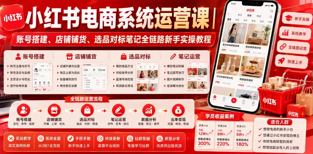 小红书电商系统运营课｜账号搭建、店铺铺货、选品对标笔记全链路新手实操教程|青心网创站