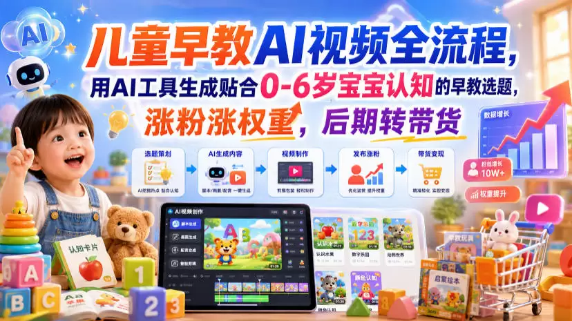 儿童早教AI视频全流程,用AI工具生成贴合0-6岁宝宝认知的早教选题,涨粉涨权重,后期转带货