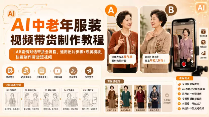 AI中老年服装视频带货制作教程｜AB剧情对话带货全流程，通用出片步骤+专属模板，快速制作带货短视频 - 青心资源站