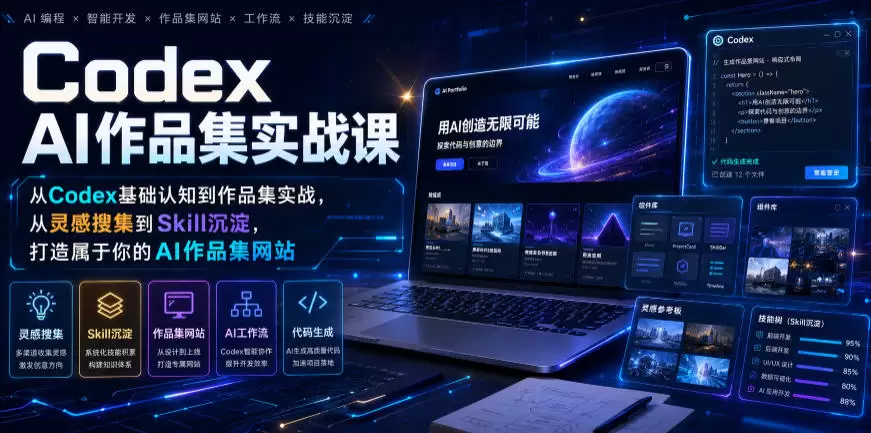 Codex AI作品集实战课，从Codex基础认知到作品集实战，从灵感搜集到Skill沉淀，打造属于你的AI作品集网站|青心网创站