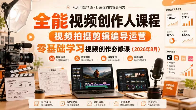 全能视频创作人课程，视频拍摄剪辑编导运营，零基础学习视频创作必修课（2026年8月） - 青心资源站