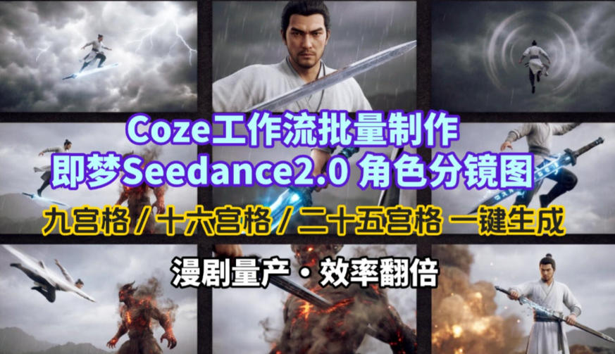Coze工作流批量制作即梦Seedance2.0角色分镜图，九宫格-十六宫格-二十五宫格一键生成，漫剧量产，效率翻倍青心网创青心网创站