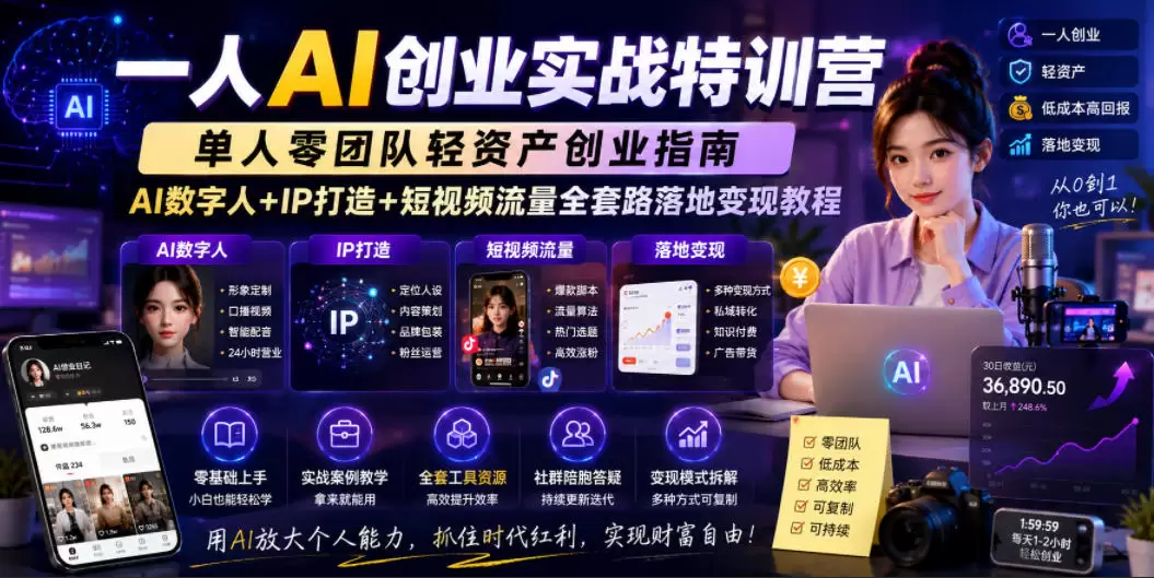 一人AI创业实战特训营，单人零团队轻资产创业指南，AI数字人+IP打造+短视频流量全套路落地变现教程|青心网创站
