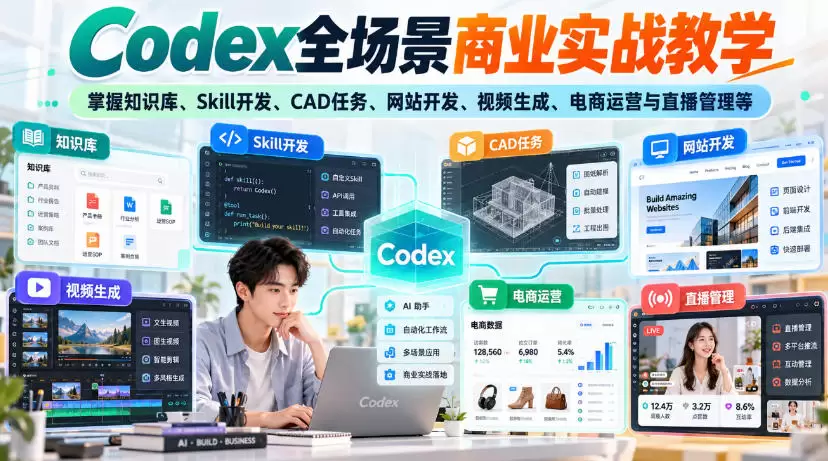 【无水印】Codex全场景商业实战教学，掌握知识库、Skill开发、CAD任务、网站开发、视频生成、电商运营与直播管理等 - 青心资源站