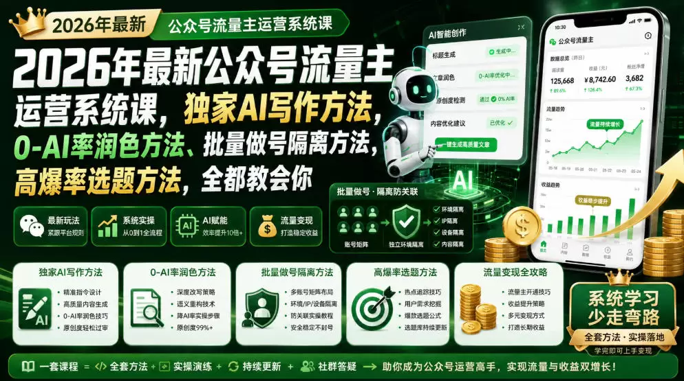 2026年最新公众号流量主运营系统课，独家AI写作方法，0-AI率润色方法、批量做号隔离方法、高爆率选题方法，全都教会你|青心网创站