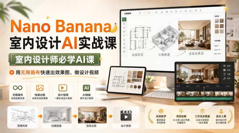 Nano Banana室内设计AI实战课，室内设计师必学AI课，用无限画布快速出效果图、做设计视频|青心网创站