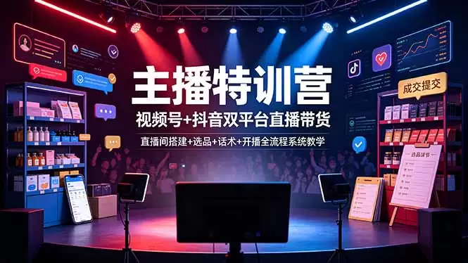 主播特训营：视频号+抖音双平台直播带货，直播间搭建+选品+话术+开播全流程系统教学|青心网创站