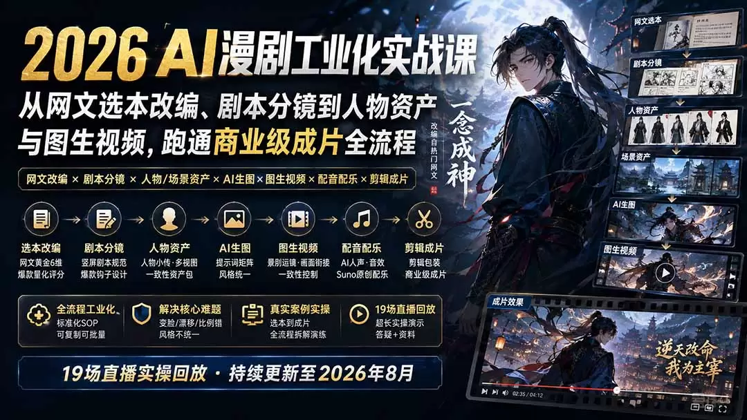 2026 AI漫剧工业化实战课-更新：从网文选本改编、剧本分镜到人物资产与图生视频，跑通商业级成片全流程 - 青心资源站