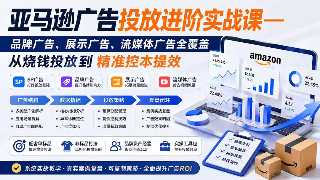 亚马逊广告投放进阶实战课——品牌广告、展示广告、流媒体广告全覆盖，从烧钱投放到精准控本提效|青心网创站