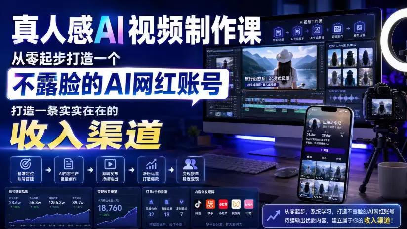 真人感AI视频制作课，从零起步打造一个不露脸的AI网红账号，打造一条实实在在的收入渠道【原创双语字幕】|青心网创站