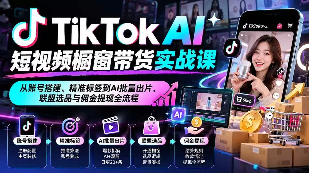 （20725期）TikTok AI短视频橱窗带货实战课：从账号搭建、精准标签到AI批量出片、联盟选品与佣金提现全流程 - 青心资源站