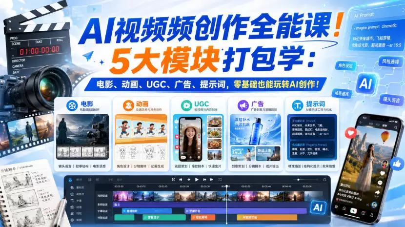 AI视频频创作全能课！5大模块打包学：电影、动画、UGC、广告、提示词，零基础也能玩转AI创作！【原创双语字幕】 - 青心资源站