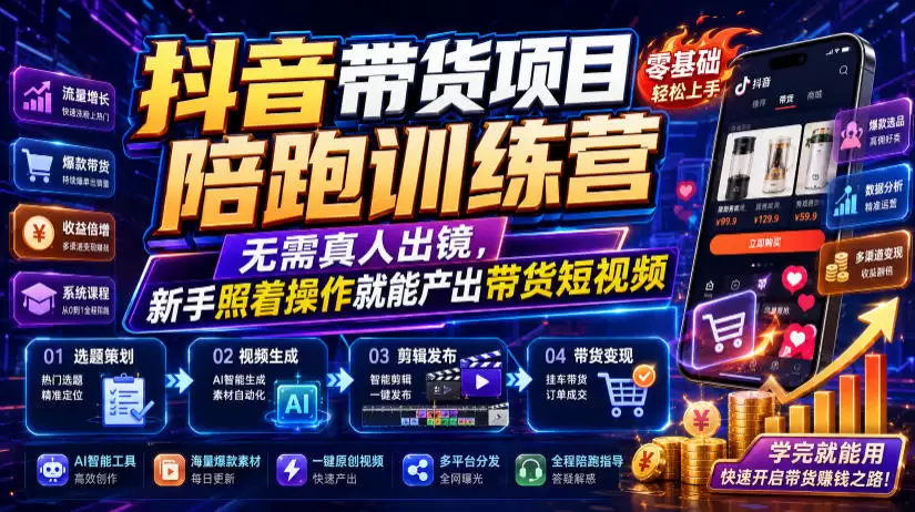 抖音带货项目陪跑训练营，无需真人出镜，新手照着操作就能产出带货短视频|青心网创站