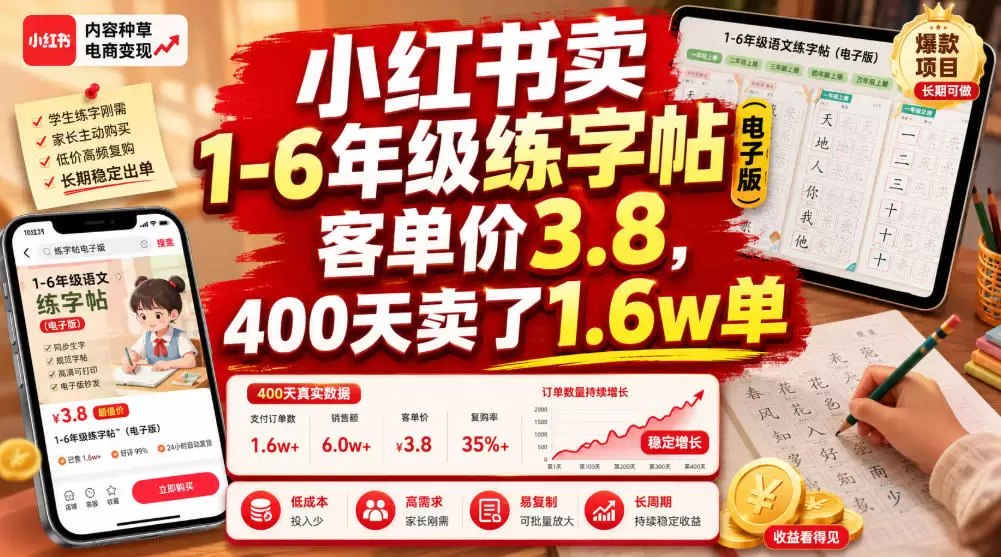 小红书卖1-6年级练字帖（电子版），客单价3.8，400天卖了1.6w单|青心网创站