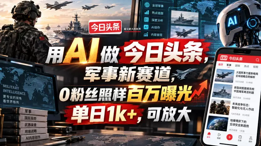 用AI做今日头条，军事新赛道，0粉丝照样百万曝光，单日1k+，可放大 - 青心资源站