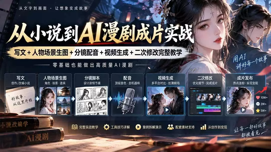 （20577期）从小说到AI漫剧成片实战：写文+人物场景生图+分镜配音+视频生成+二次修改完整教学 - 青心资源站