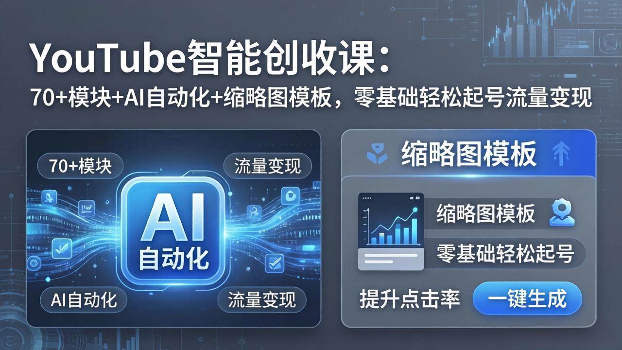 (17926期)YouTube智能创收课:70+模块+AI自动化+缩略图模板,零基础轻松起号流量变现|青心网创站