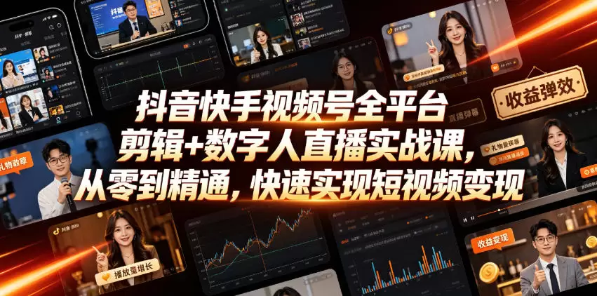 抖音快手视频号全平台剪辑+数字人直播实战课，从零到精通，快速实现短视频变现(更新2026年6月)|青心网创站