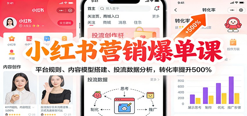 小红书营销爆单课：平台规则、内容模型搭建、投流数据分析，转化率提升500%青心网创青心网创站