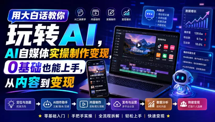 用大白话教你玩转AI，AI自媒体实操制作变现，0基础也能上手，从内容到变现|青心网创站